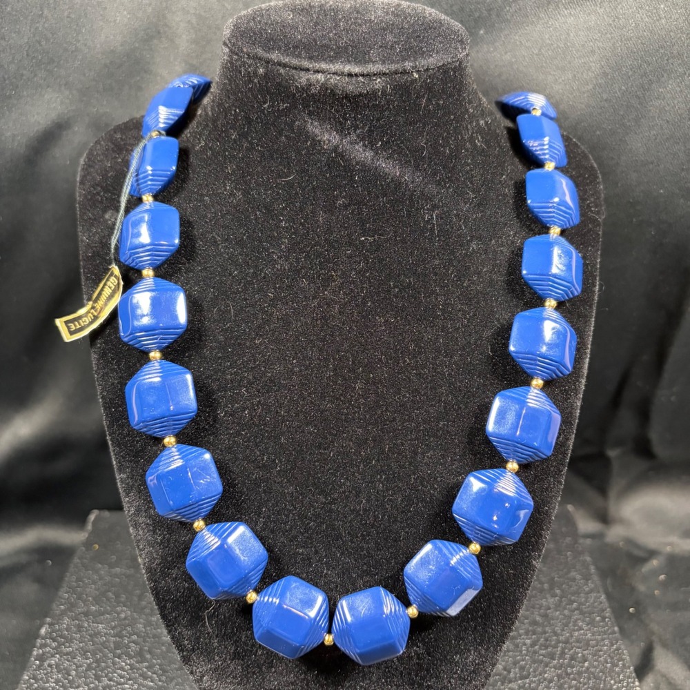 Vintage Genuine Lucite Necklace Cobalt Blue Geometric Ribbed Bead Hong Kong 24in
